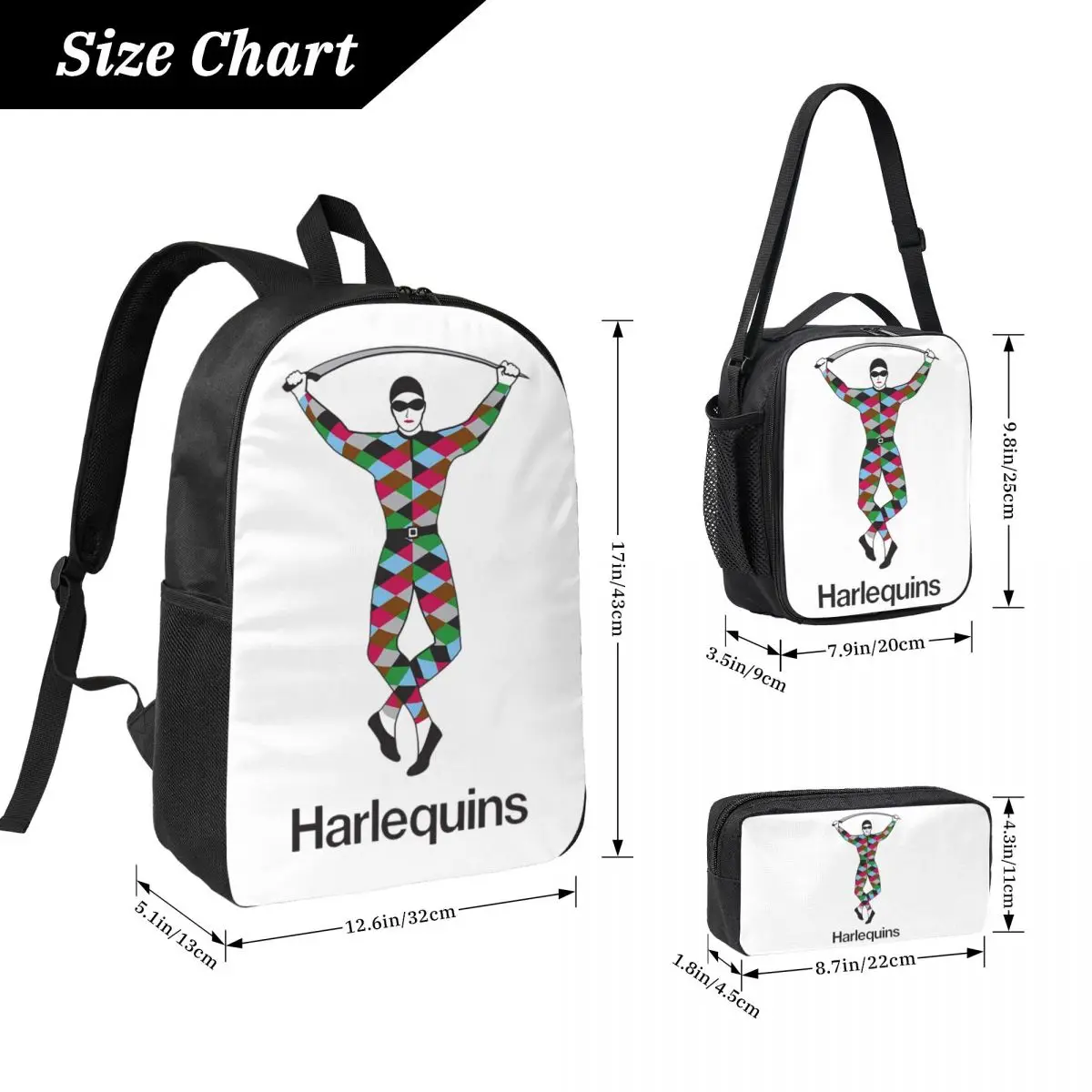 Harlequins-Merch Backpack Boys Girls BookBag School Bag Laptop Shoulder Bags 3ps Insulated Lunch Bag Pencil Case
