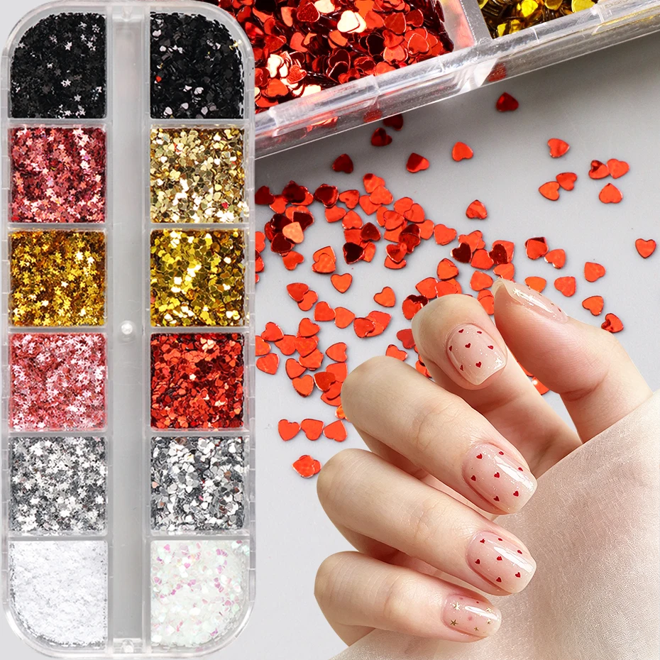 12 Grids Mini Star & Heart Nail Sequins Holographic Metallic Shiny Love Heart Nail Five-Pointed Star Glitter Flakes Nail Decor