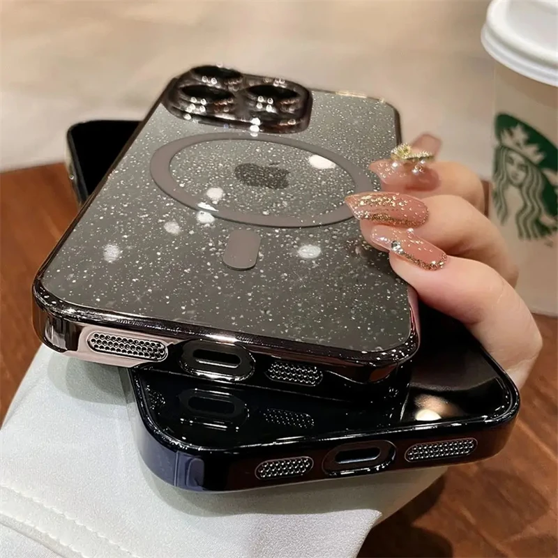 حافظة شحن لاسلكية مغناطيسية فاخرة لامعة لهاتف Magsafe لهاتف iPhone 16 15 14 Plus 13 12 Pro Max 11 غطاء رقيق من البولي كربونات الصلبة