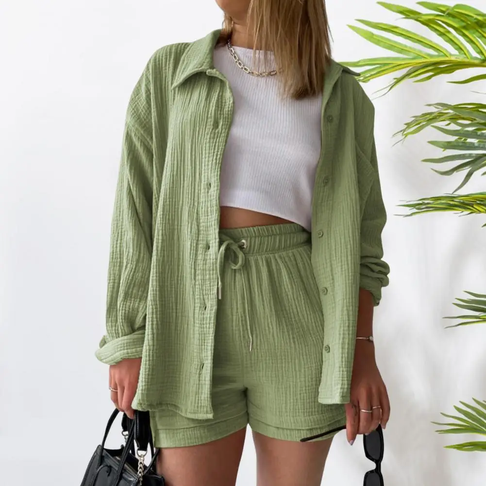 Spring Summer Women's 2 Piece Set Outfits Long Sleeve Button Down Shirt Blouse Shorts Sweatsuit Sets Casual Cotton Lounge Suit
