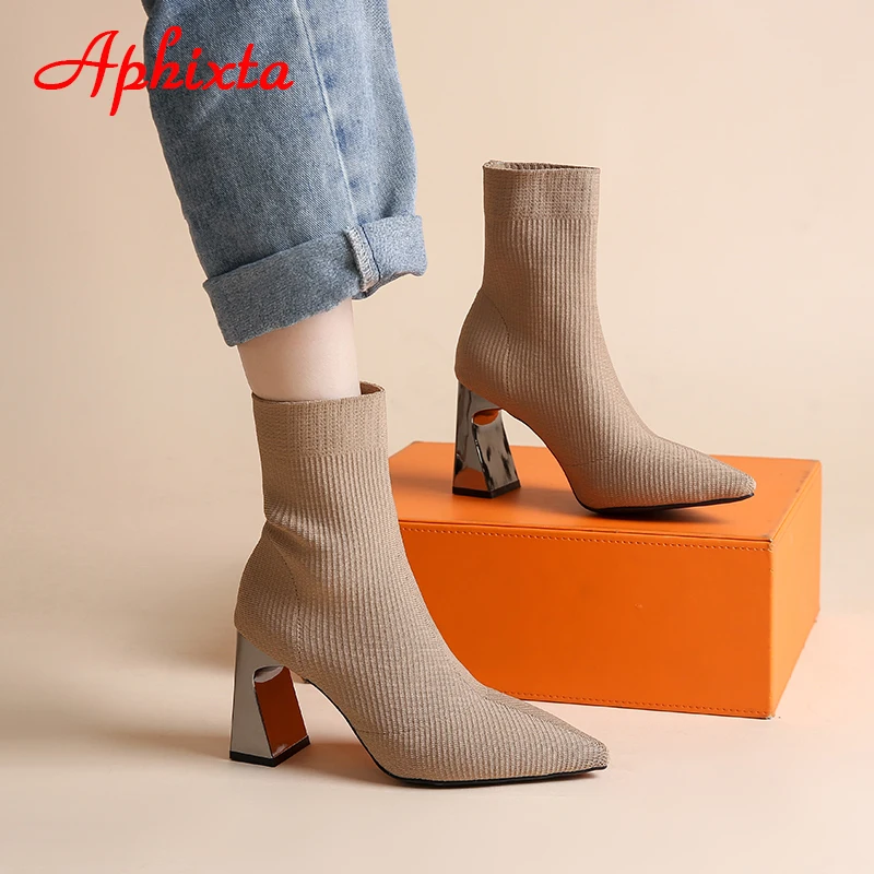 Aphixta-Botas de calcetín con tacón cuadrado cóncavo de Metal para mujer, zapatos de tejido elástico, punta estrecha, color Camel, 8cm