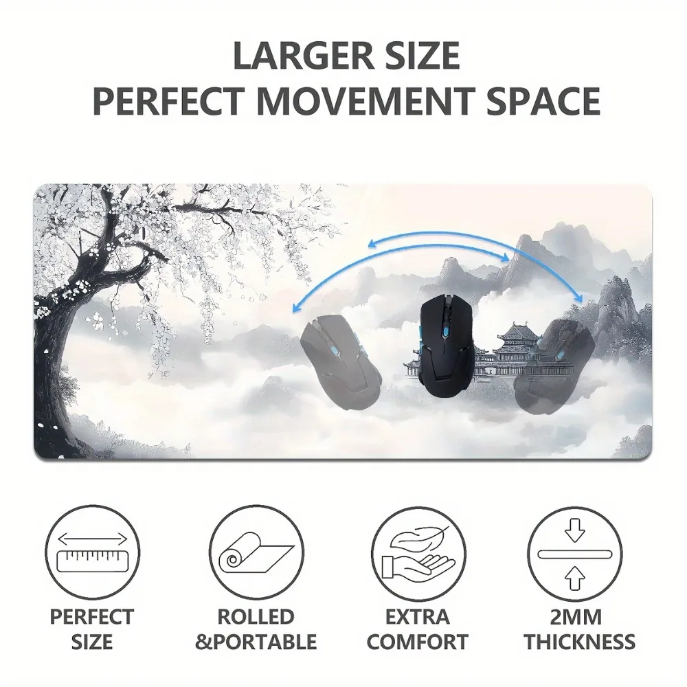 Asian landscape ink painting tower design table mat with anti-slip rubber base computer desk accessories protector escritorio