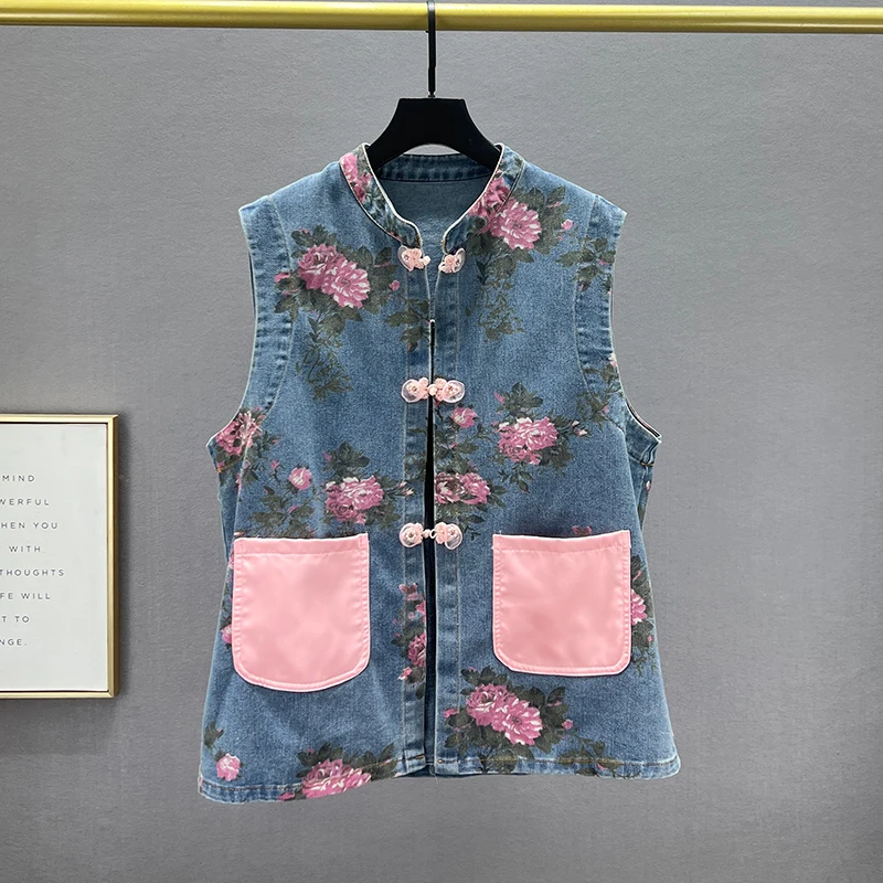 

Vintage Flower Print Contrast Color Pocket Splicing Blue Thin Short Denim Vest Beaded Single-breasted Sleeveless Jeans Waistcoat