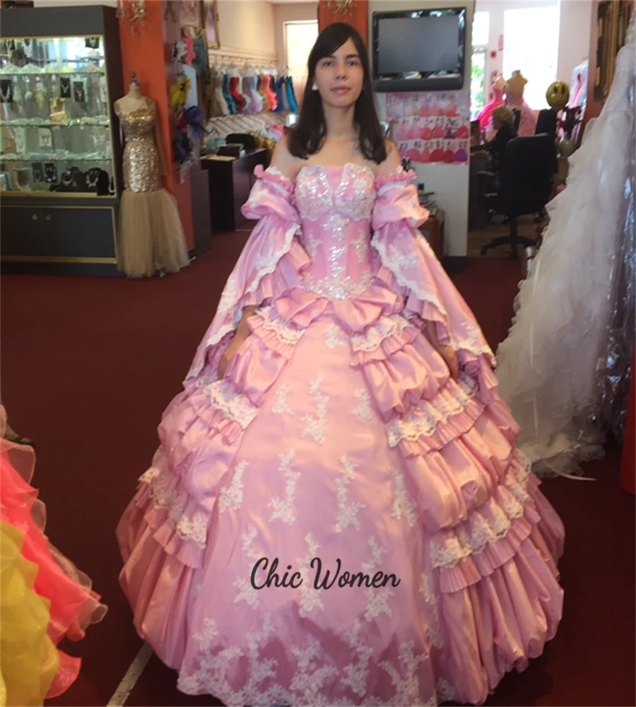 Princess Pink Mexican Quinceanera Dress Sexy Customized Lace Tiered Ball Gown Prom Dress Charro Xv Para Vestido De 15 Anos