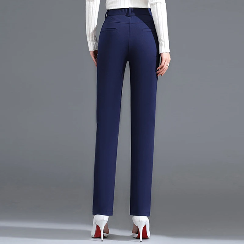 Pantalones rectos azules de cintura alta para mujer, de talla grande holgado pantalón largo, para primavera y otoño, corte estrecho, traje ajustado,