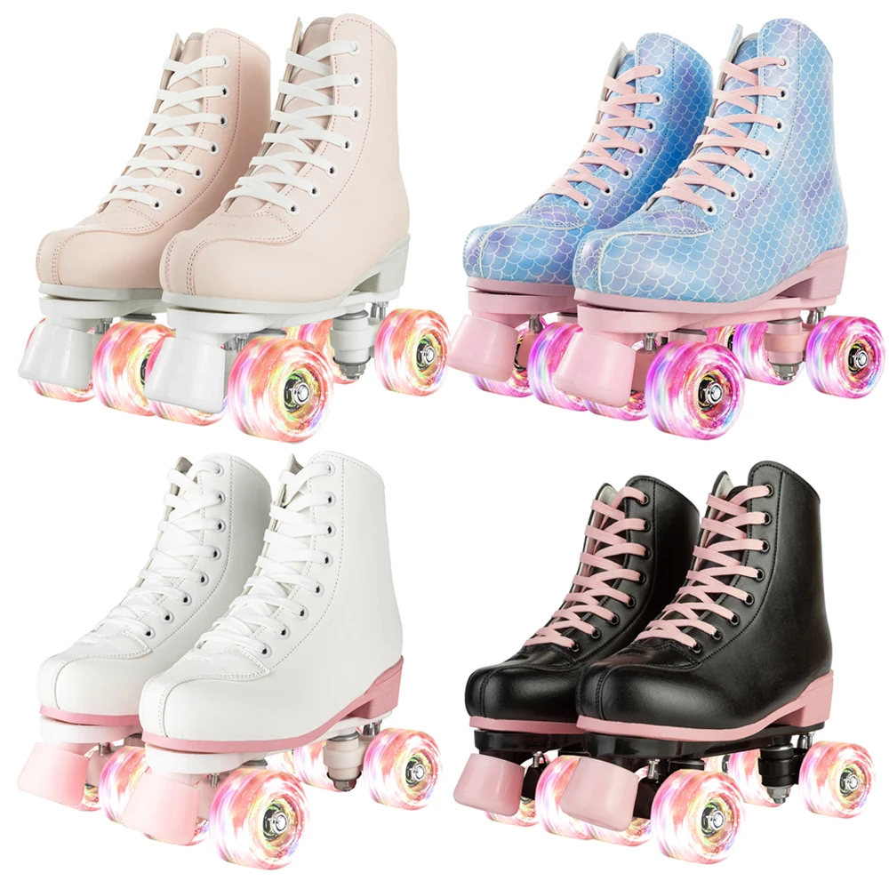 Quad Roller Skates Size 32-40 Adult Women Flashing 4 Wheels Skate Shoes Kids Girls Beginner Outdoor Skating Training Sneakers