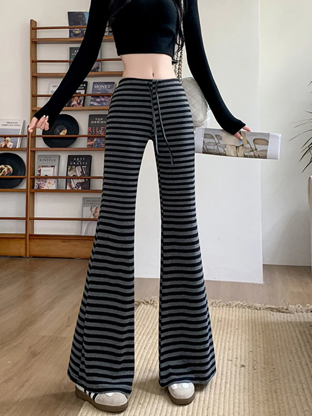 High Waist Slimming Wide Leg Pants Women's Spring Summer 2026 New Style American Stripe Micro Flared Trousers Casual Sporty Thin