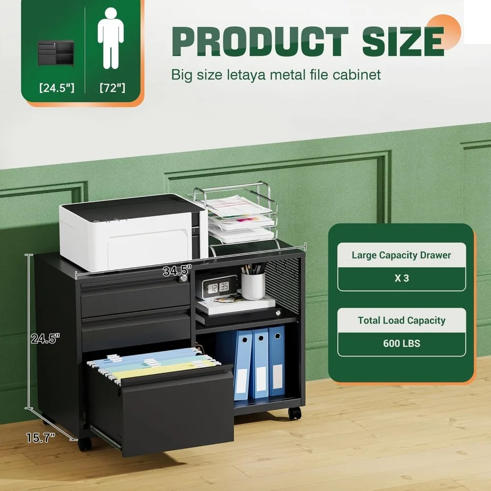 Mobile 3 Drawer File Cabinet with Lock-Metal Lateral Rolling Printer Stand Filing Cabinets for Home Office-Storage A4/F4/Letter