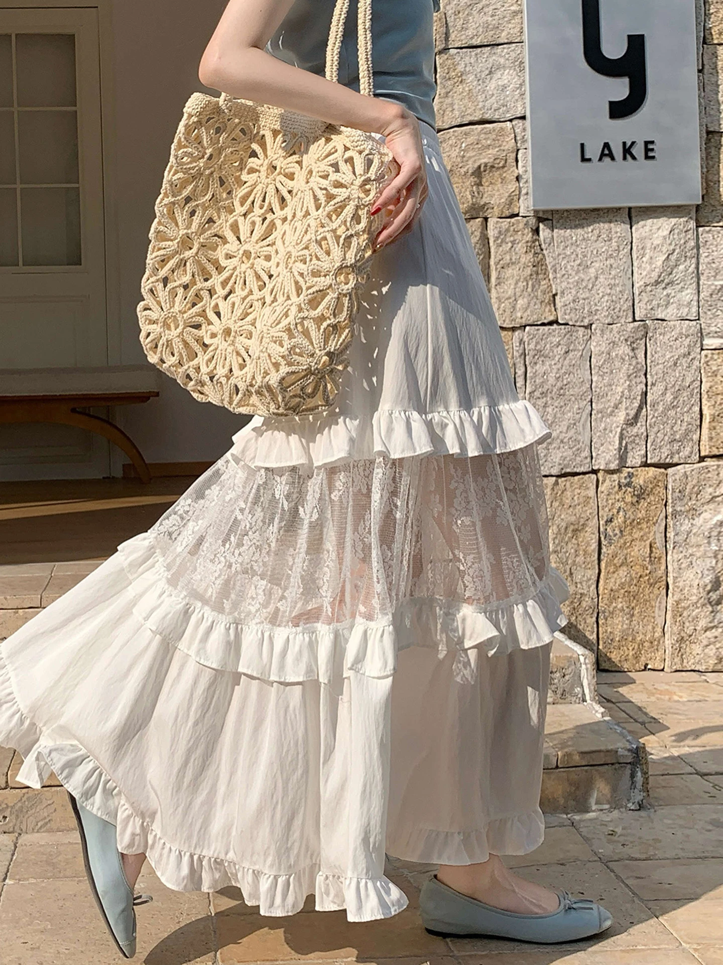 

Emily Clud Recommended Lace Patchwork Wood ain Cake Skirt Spring Summer Elastic Waist A-Line Midi Skirt Women's Faion