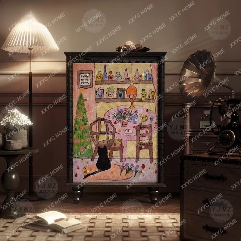 Y Cream Style Solid Wood Chest of Drawers Dopamine Cartoon Kitten Decorative Cabinet