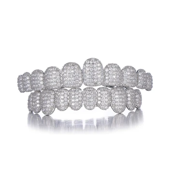 Full CZ Stones Long Teeth Grillz Caps Cubic Zirconia Iced Out Micro Pave Top &amp; Bottom Charm Grills for Men Women Jewelry