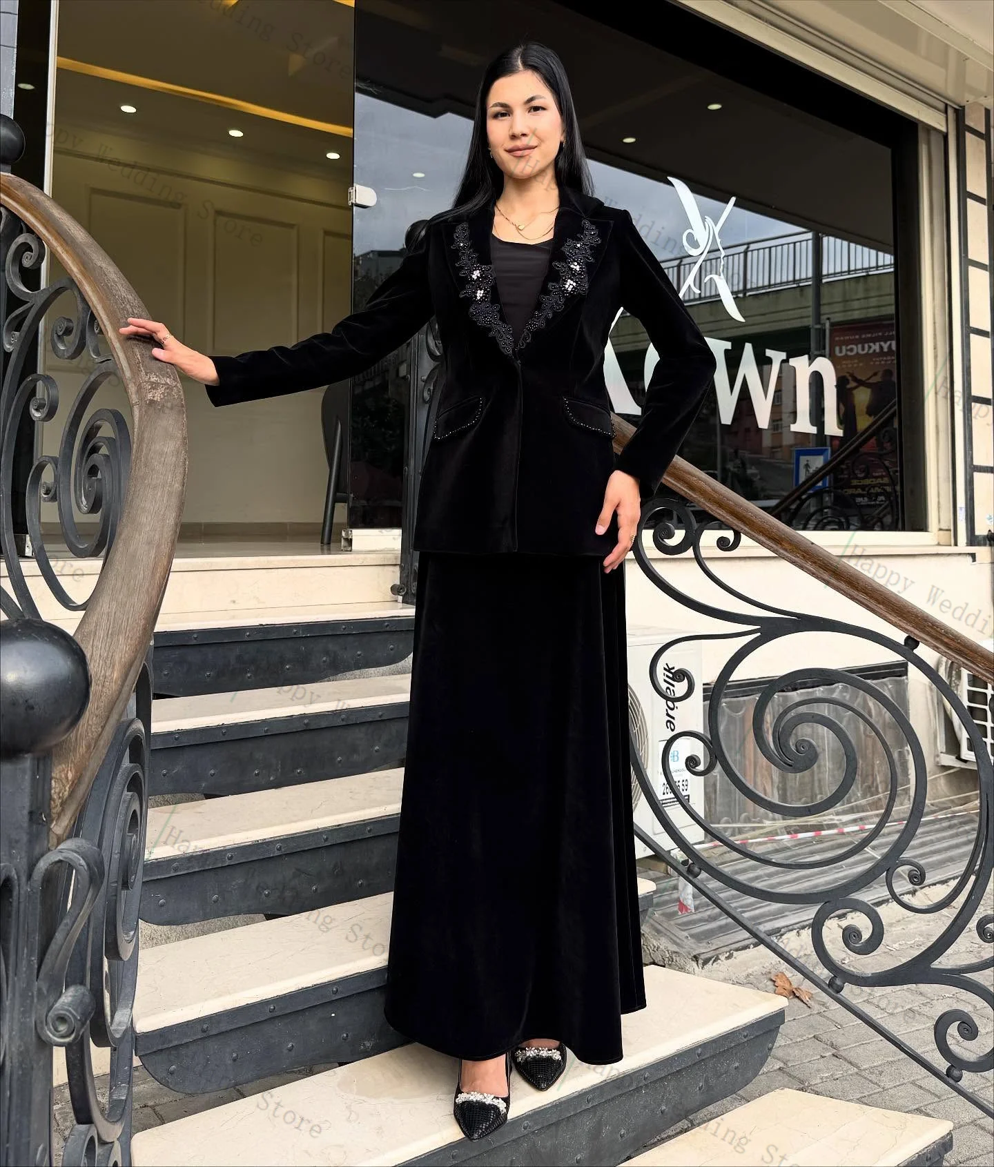 

Black Velvet Women Suit Set 2 Pcs Blazer+Prom Dress Elegant Beaded Formal Office Lady Jacket Customized Wedding Guest Party Coat