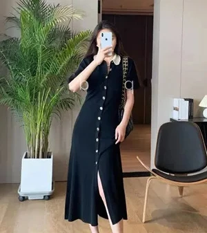 

Women black lapel knit dress short sleeve single breasted slit design holiday celebration party midi robe