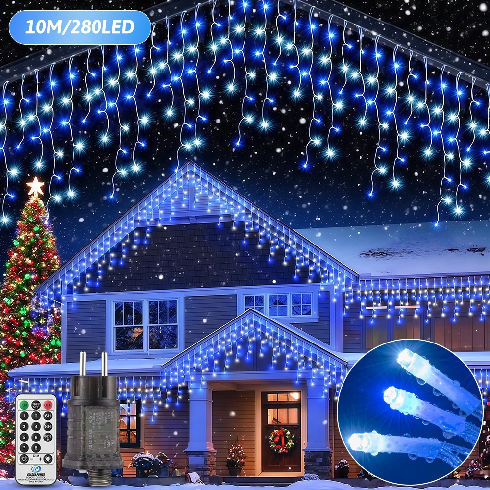 Guirlande lumineuse à franges de glace F5 280 LED, 10 m, prise EU, bleu + blanc froid, câble de 5 m, étanche IP44 pour la décoration de Noël en hiver