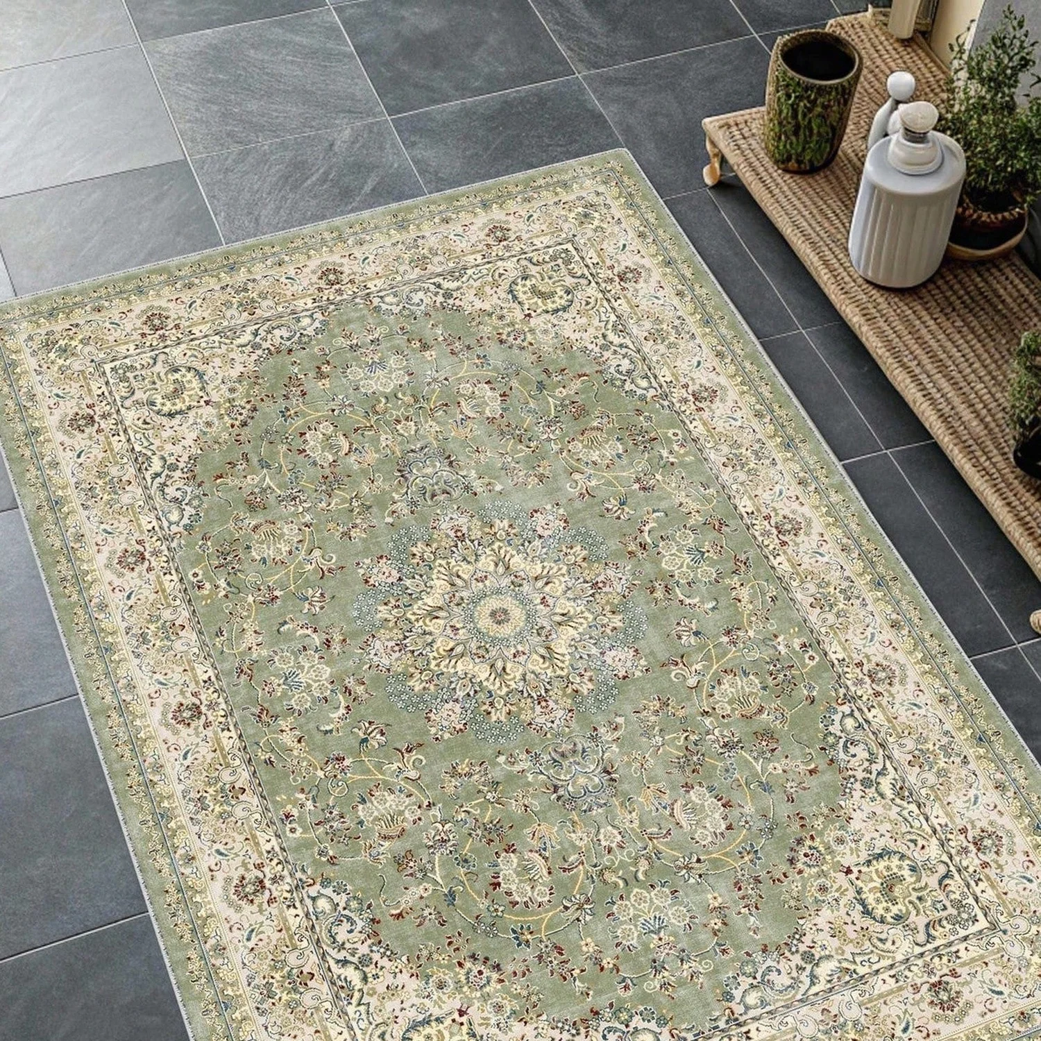 Oriental Bohemian Style Carpet, Khaki Cream Floral Pattern, Vintage Turkish Style, Genuine Carpet.
