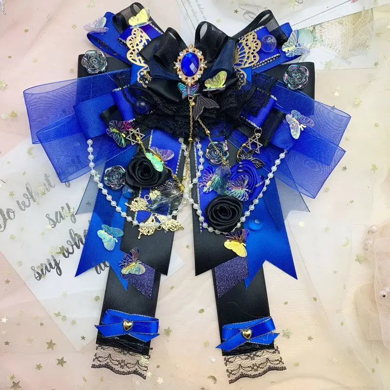 

Super Gorgeous Lolita Royal Blue Black Bowtie Original Handmade Palace Dress Collar Flower Concert Support Stick Bow Accessories