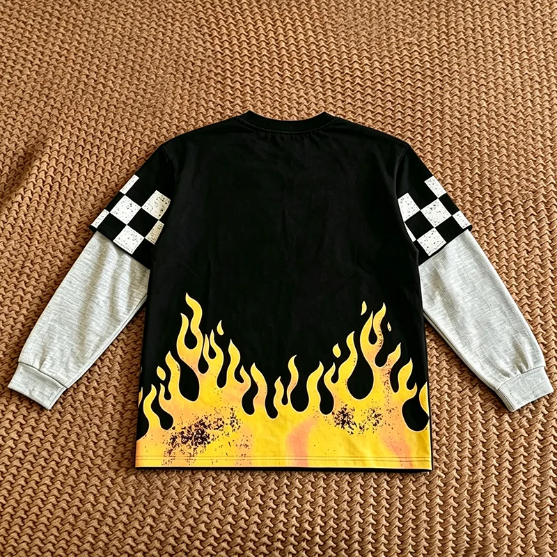 Satoshi Nakamoto Long Sleeve T-shirt Fake Two Piece Sleeves Flame Checkerboard Print Y2K Streetwear Men Women Loose Tshirt