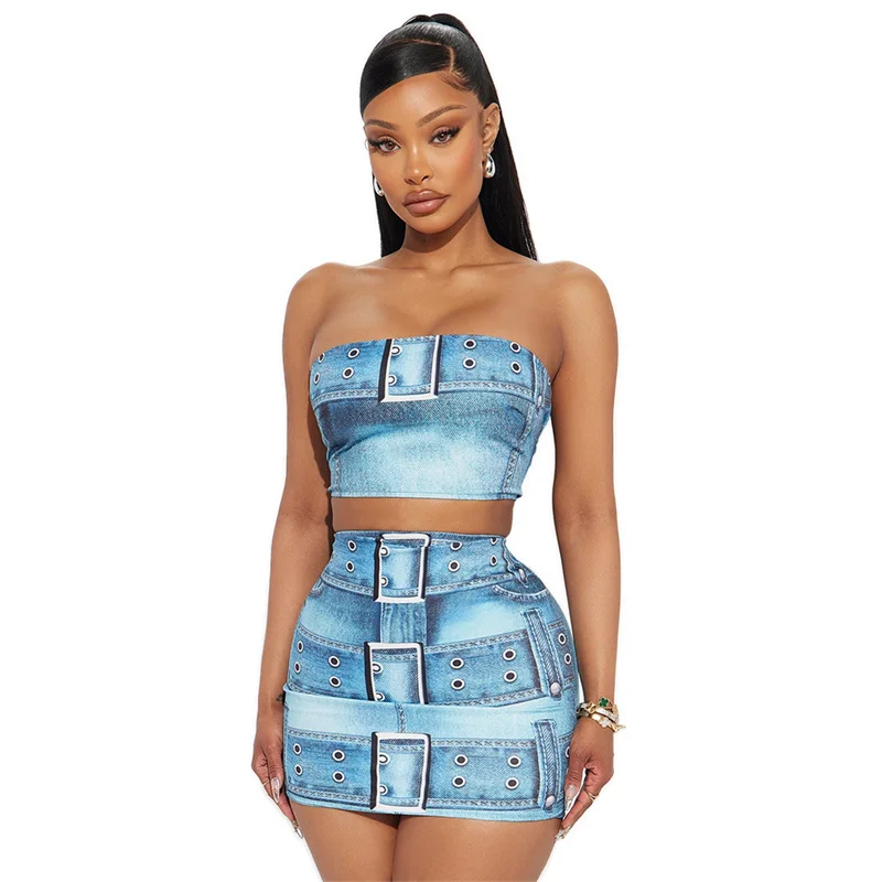 Skinny Faux Denim 3D Print Two Piece Sets Women Strapless Stretchy Slim Tank Crop Top and Mini Skirts Sexy Party Club Outfits