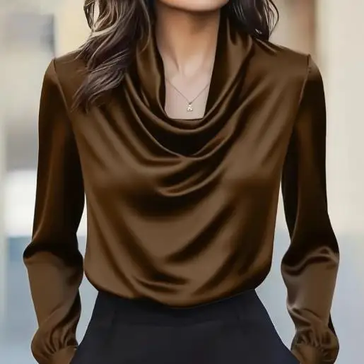 

Women's Elegant Temperament Solid Color Swing Collar Long Sleeve ShirtAutumn Fashion 2025 Simple Design for Business Casual Wear