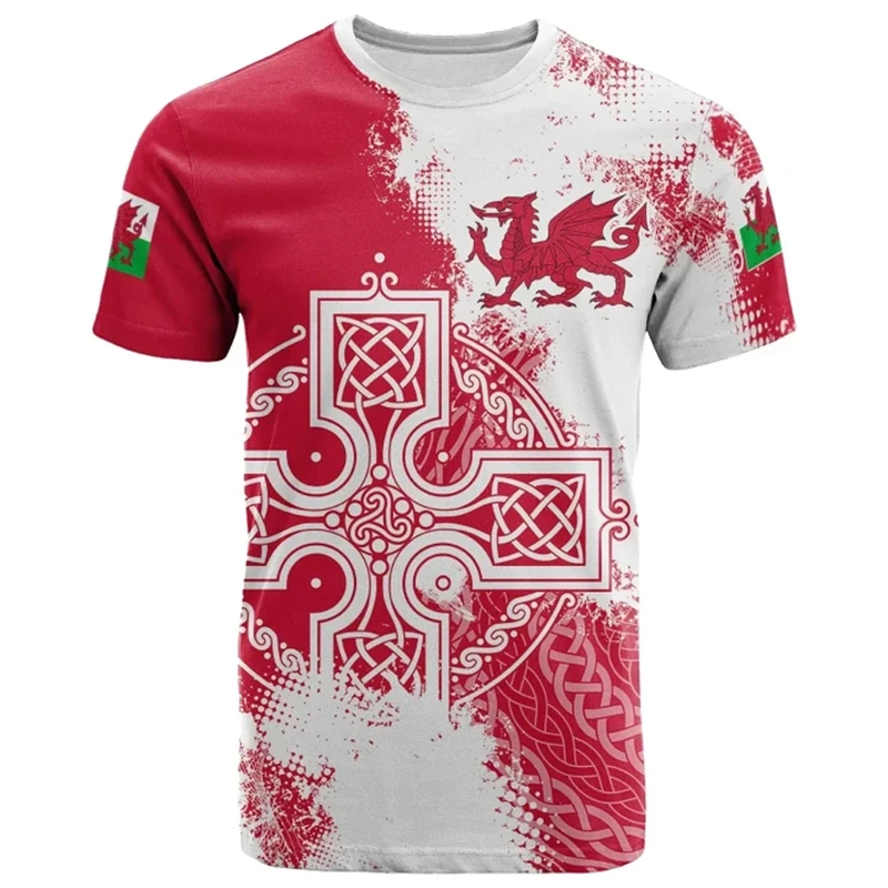 Welsh National Pattern 3D Printed Football Fan Tee Men's T-shirt for Summer Outdoor Leisure Sports Training Short-sleeved Shirt