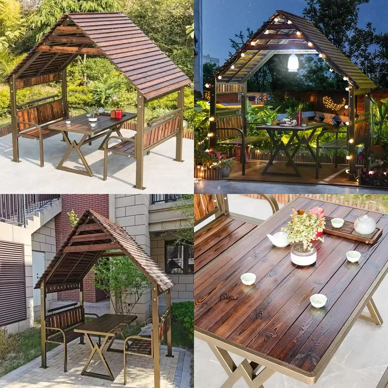 For Outdoor Garden Courtyard Carbonized Wood Pavilion Wrought Iron Mobile Assembly Shading Leisure Gazebo