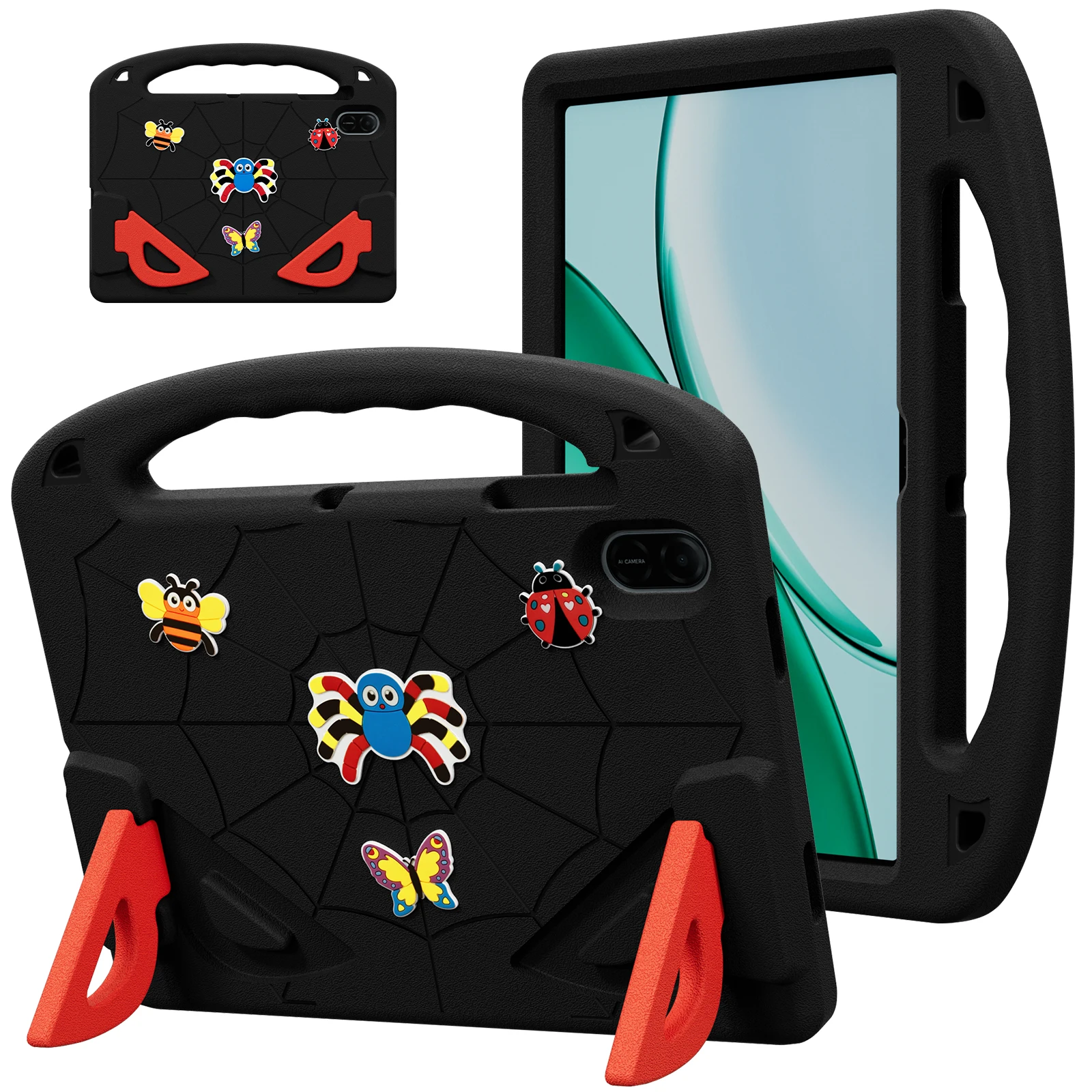 For Honor Pad X9 / Pad X8a / Pad X8b Case Cartoon Insect Shockproof EVA Tablet Cover with Handle and Kickstand - Black+Red