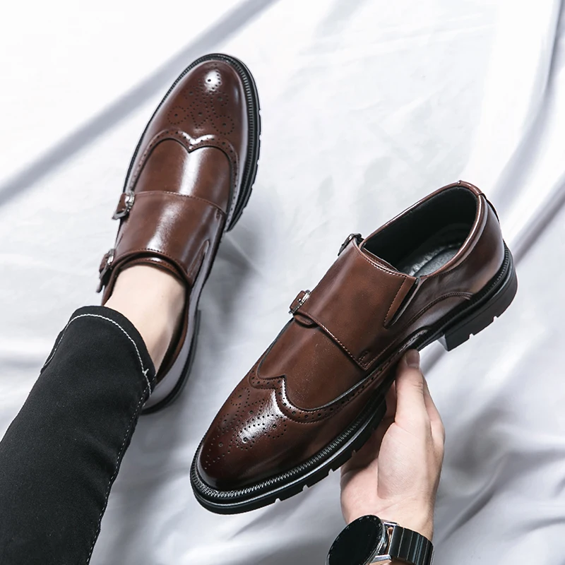 2024 New Spring Men's Comfortable Leather Shoes Brand Mengke Shoes Business Dress Double Buckle Kick Lazy Groom Wedding Shoes