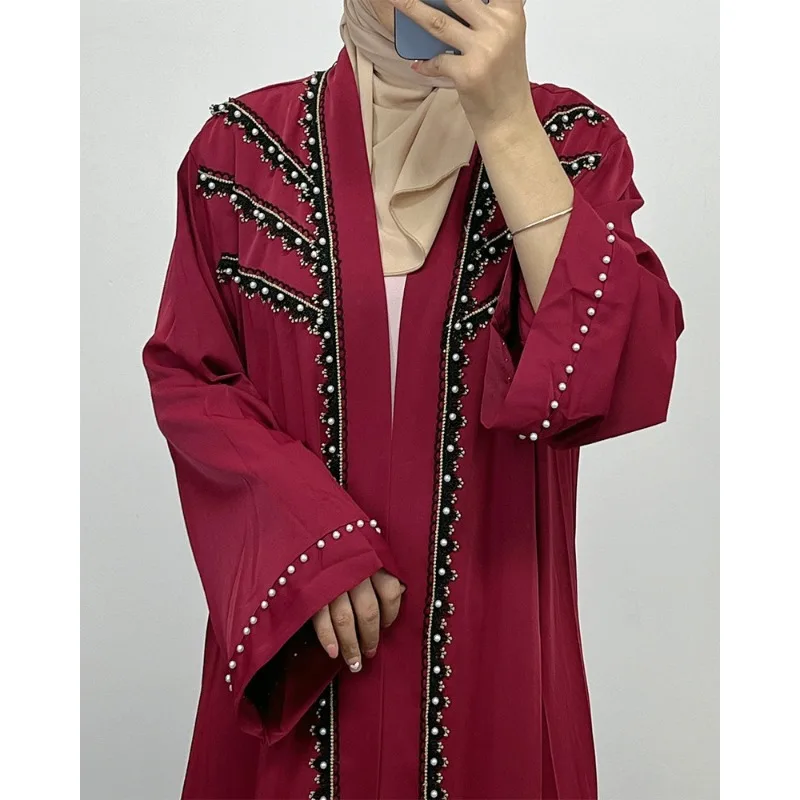 

Elegant Muslim Ladies Long Sleeve Loose Fit Abaya Dress with Sparkling Rhinestones and Beads Evening dress