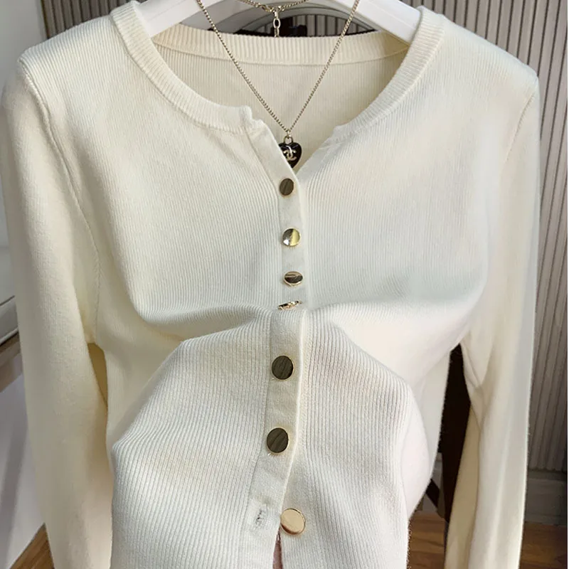 

Knitted Sweater Women Cardigans New Long Sleeve O-Neck White Knit Sweater Cardigan Women Tops Knitwears Sueters De Mujer Q1414