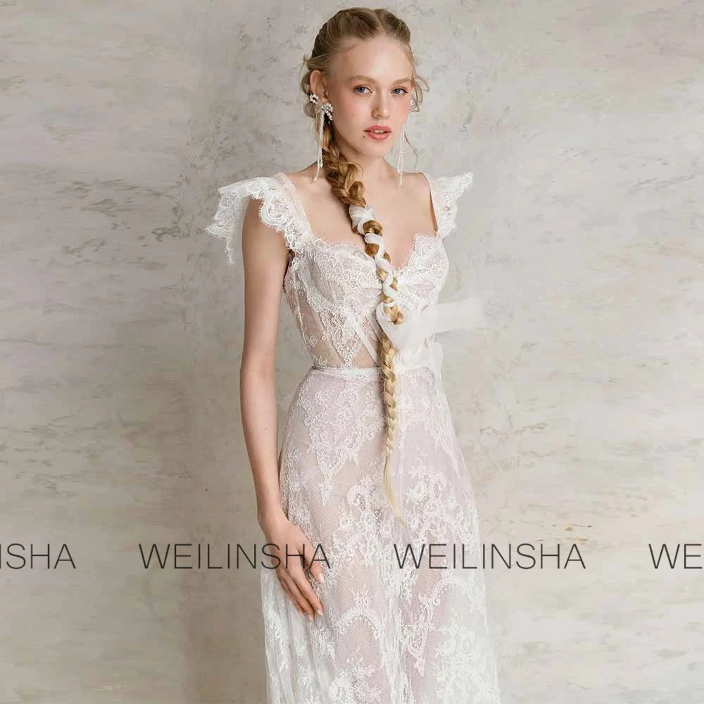 فساتين زفاف الكنيسة Glitz and Glam دانتيل على شكل حرف a فساتين حفلات الزفاف عاجية رقبة مربعة وكشكشة دانتيل فساتين زفاف #3