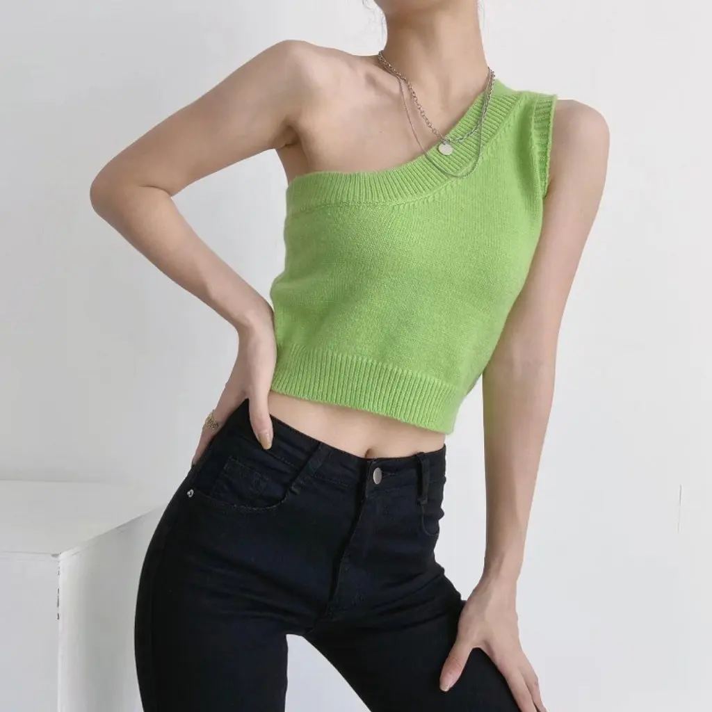 

YPFF женский вязаный жилет на одно плечо, однотонный топ в европейском и американском стиле, модная короткая осенняя одежда на бретельках