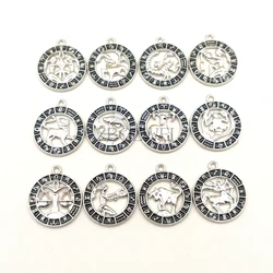 12pc Enamel Black 24x21mm Twelve Constellations Charms Zodiac Pendant for DIY Handmade Metal Astrology Jewelry Making Accessorie