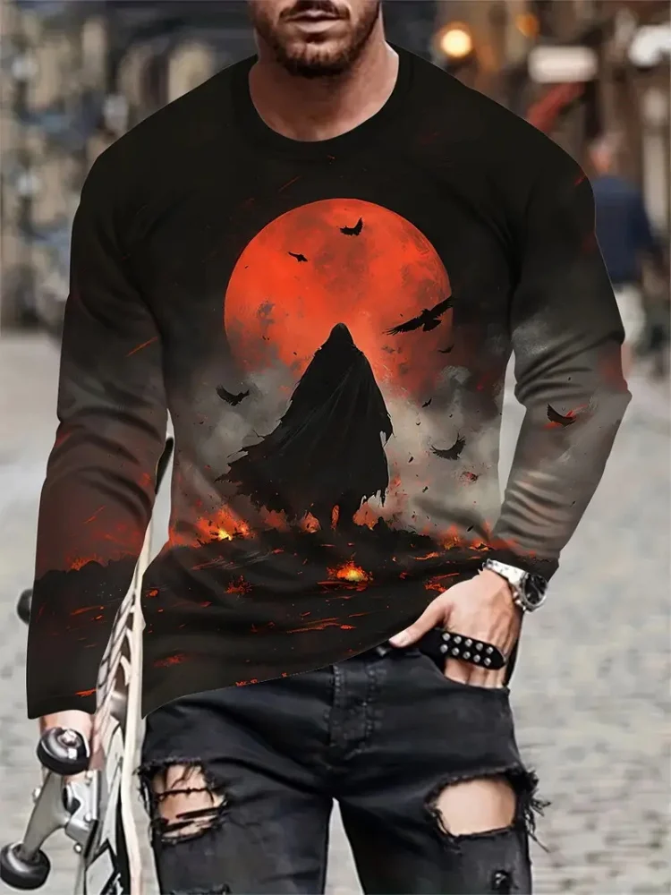 

Мужская футболка с круглым вырезом и длинным рукавом Wolf King с 3D принтом Harajuku Street Trend, модный костюм, топ, повседневная спортивная повседневная мужская футболка