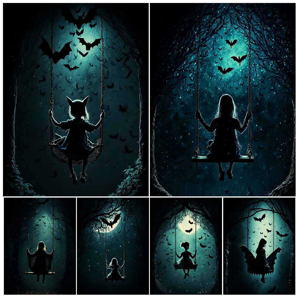 The Girl And Bat Swinging Under The Moonlight Vintage Wall Art Canvas Painting Abstract Horror Gothic AI Art Poster Print Decor