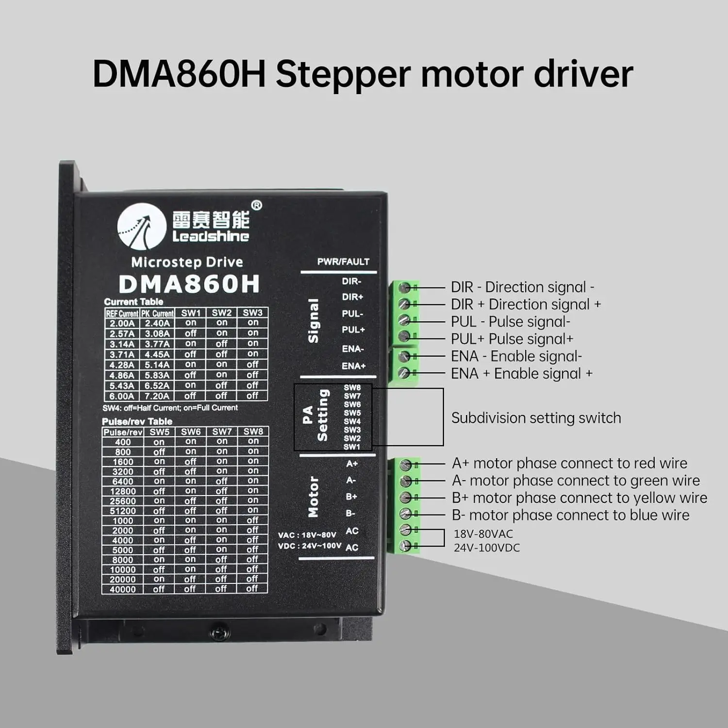 

Leadshine DMA860H Stepper Motor Driver 200KHz 18-80V AC Driver Controller 7.2A Driver for nema23 57 / nema34 86 / 2-Phase Motor