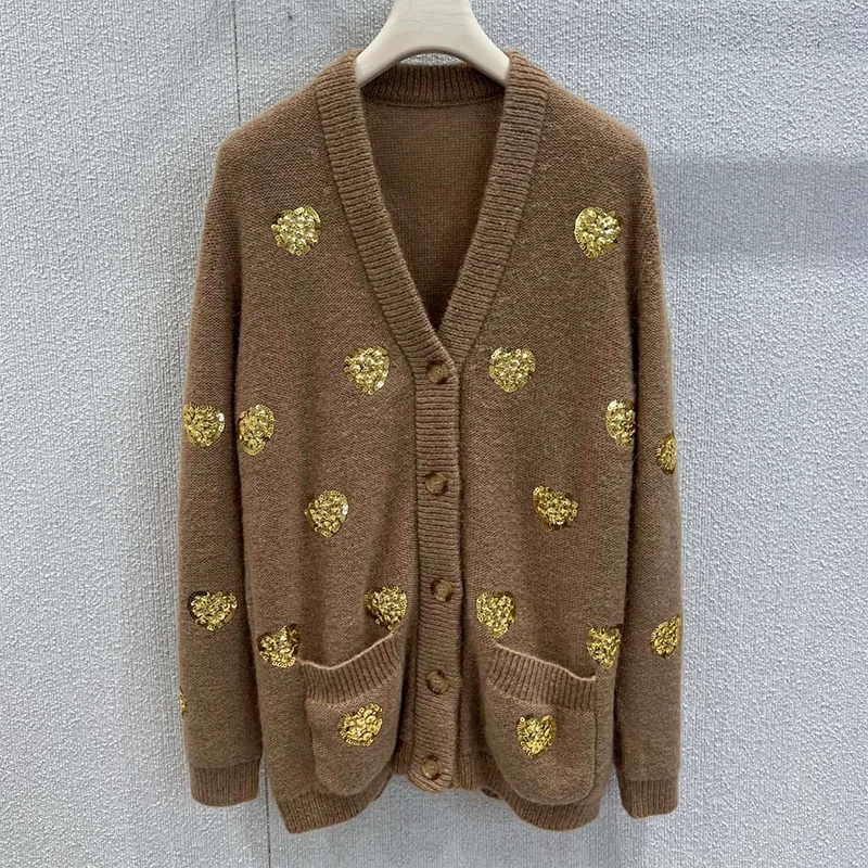 

Высококачественный женский кардиган с v-образным вырезом и одной пуговицей с 3D блестками и сердечным узором в модном коричневом стиле 25924101