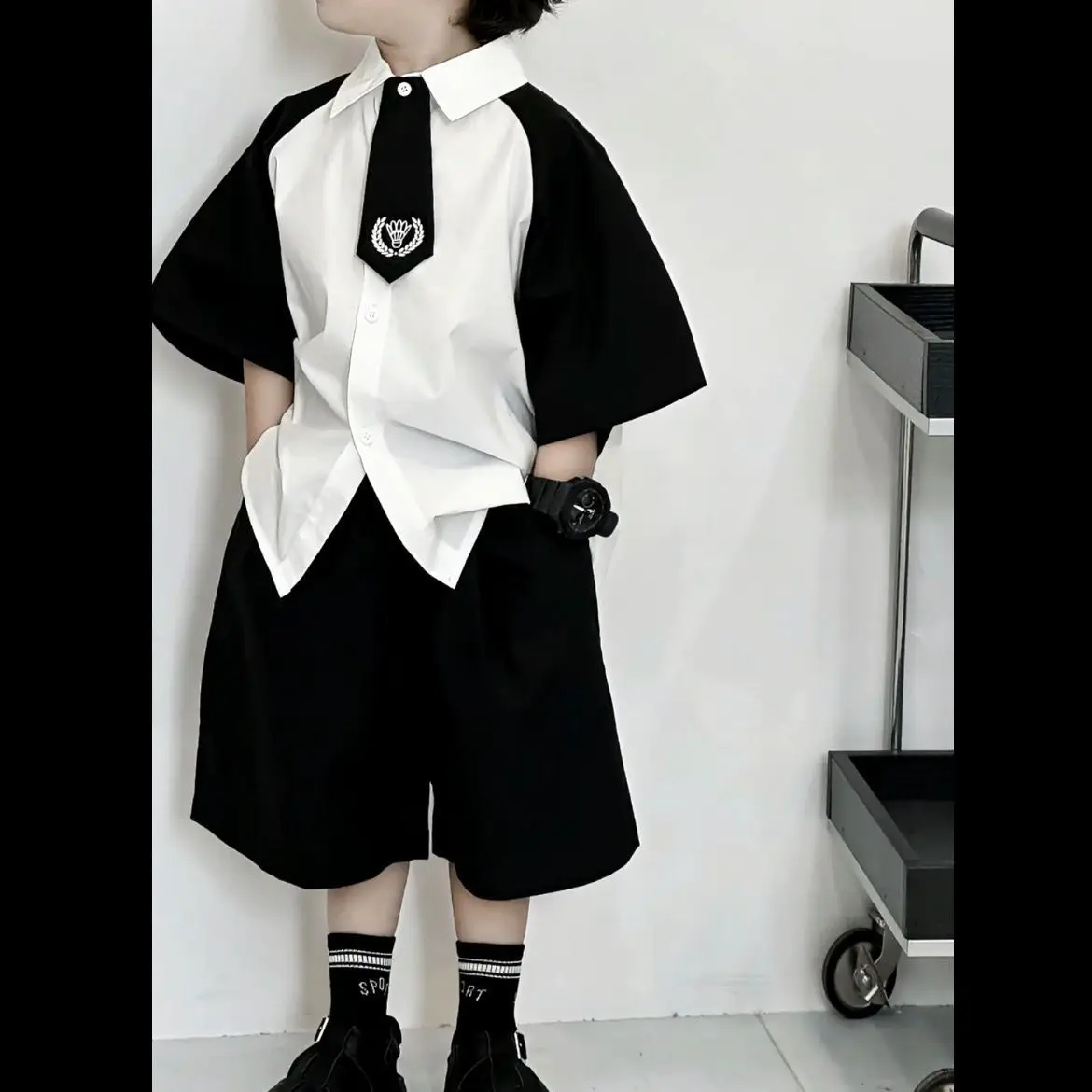 Boys' Sets Button Shirt Shorts Two-piece Suits With Tie Summer Children's Fashion Black White Contrasting Colors  Handsome Suits