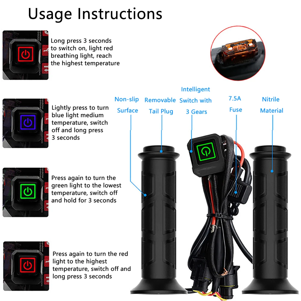 12V Electric Heated Grips Handlebar for ATV Intelligent Three-speed Heating Handgrips for 22mm Handlebar Diameter