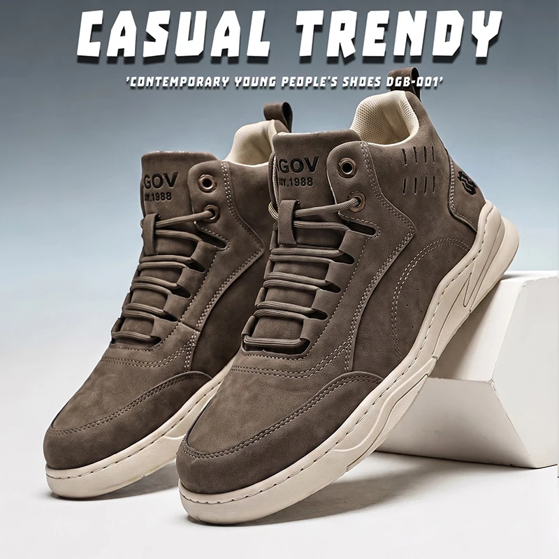 Men's High Top Thick Sole Casual Shoes New Autumn Winter Anti Slip Wear Resistant Large Size Outdoor Leather Work Shoes
