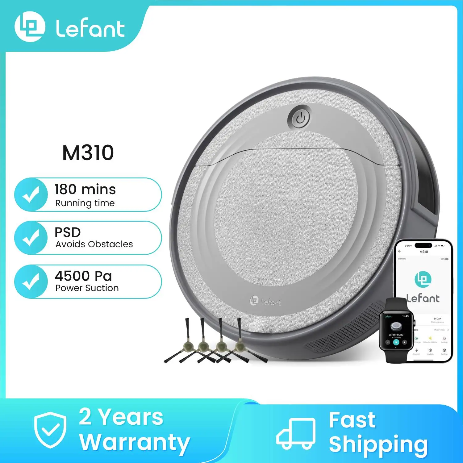 LEFANT M310 Robot aspirapolverecon mappatura, 4500 Pa, 180 min, prevenzione ostacoli, Wi-Fi/app, robot aspirapolvere per peli di animali e pavimenti duri