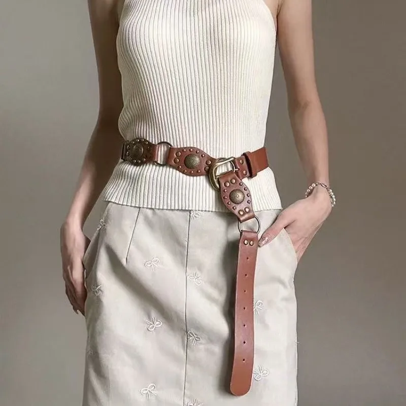 Retro American wasteland style belt for women; light Asian streetwear with patchwork belt; millennial spicy girl's versatile bel