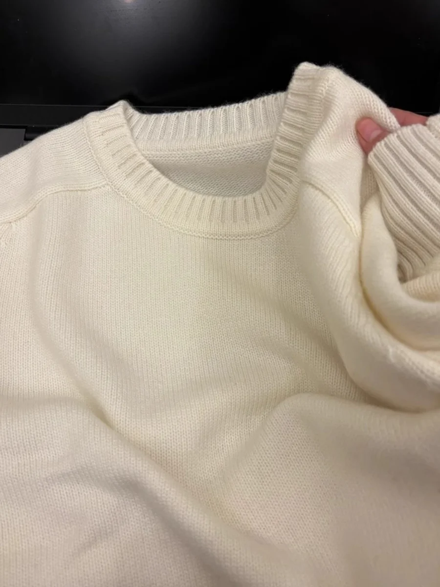 

Soft Cozy White round Neck Fufu Sweater Women's Loose Knitted Winter Fashion Commute Style Pure Color Long Sleeve Casual Top
