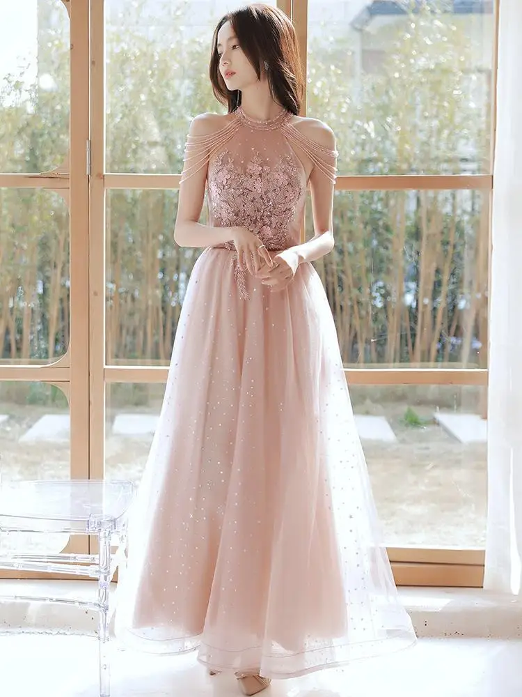 Elegant Halter Chiffon Party Dress Women Casual Slim Sleeveless Female Lady Beaded Embroidery Applique Evening Gown