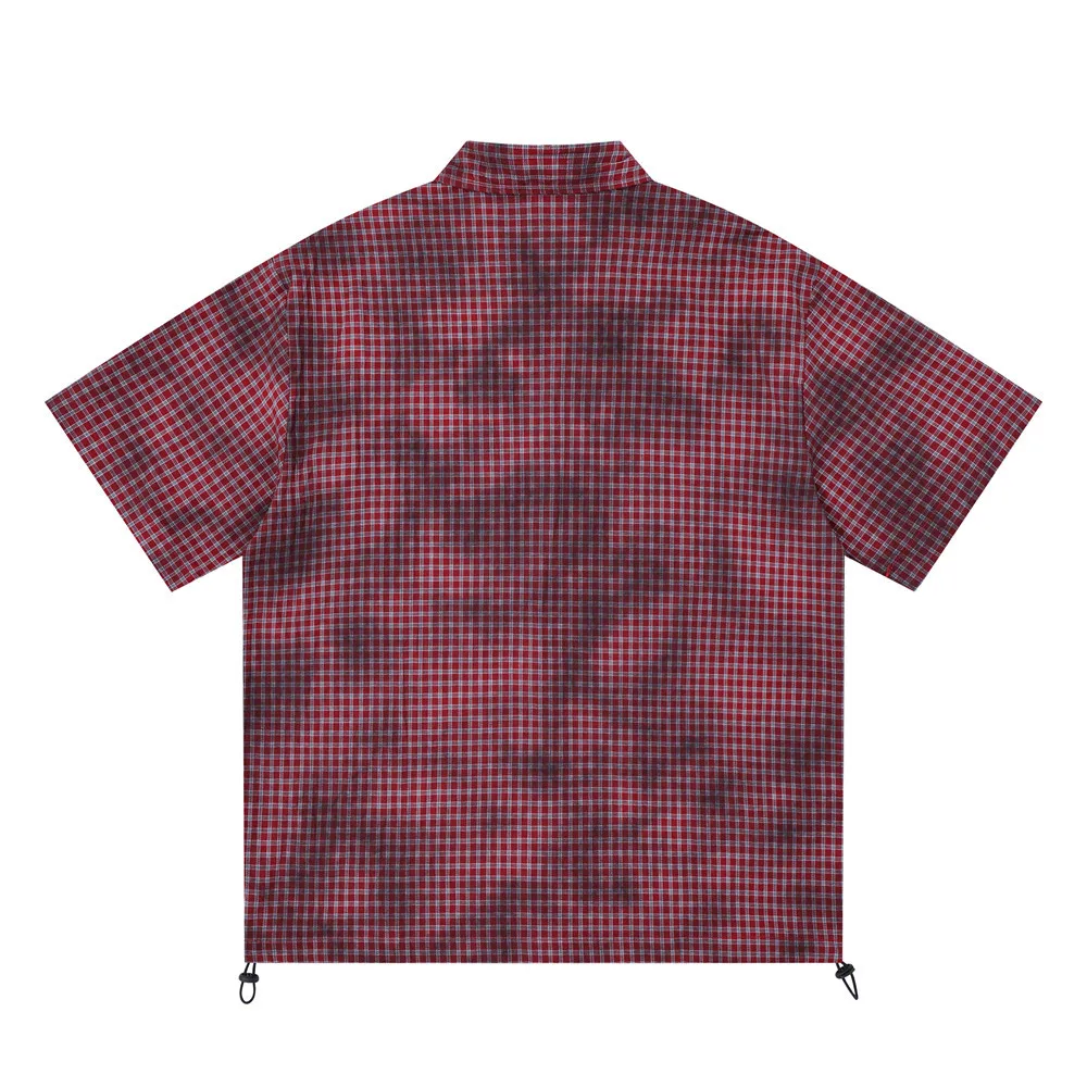 MWJLPWQ Plaid Tie-Dye Distressed Short-Sleeve Shirt For Men American Style Drawstring Hem Turn-Down Collar Fashion Tops 20030