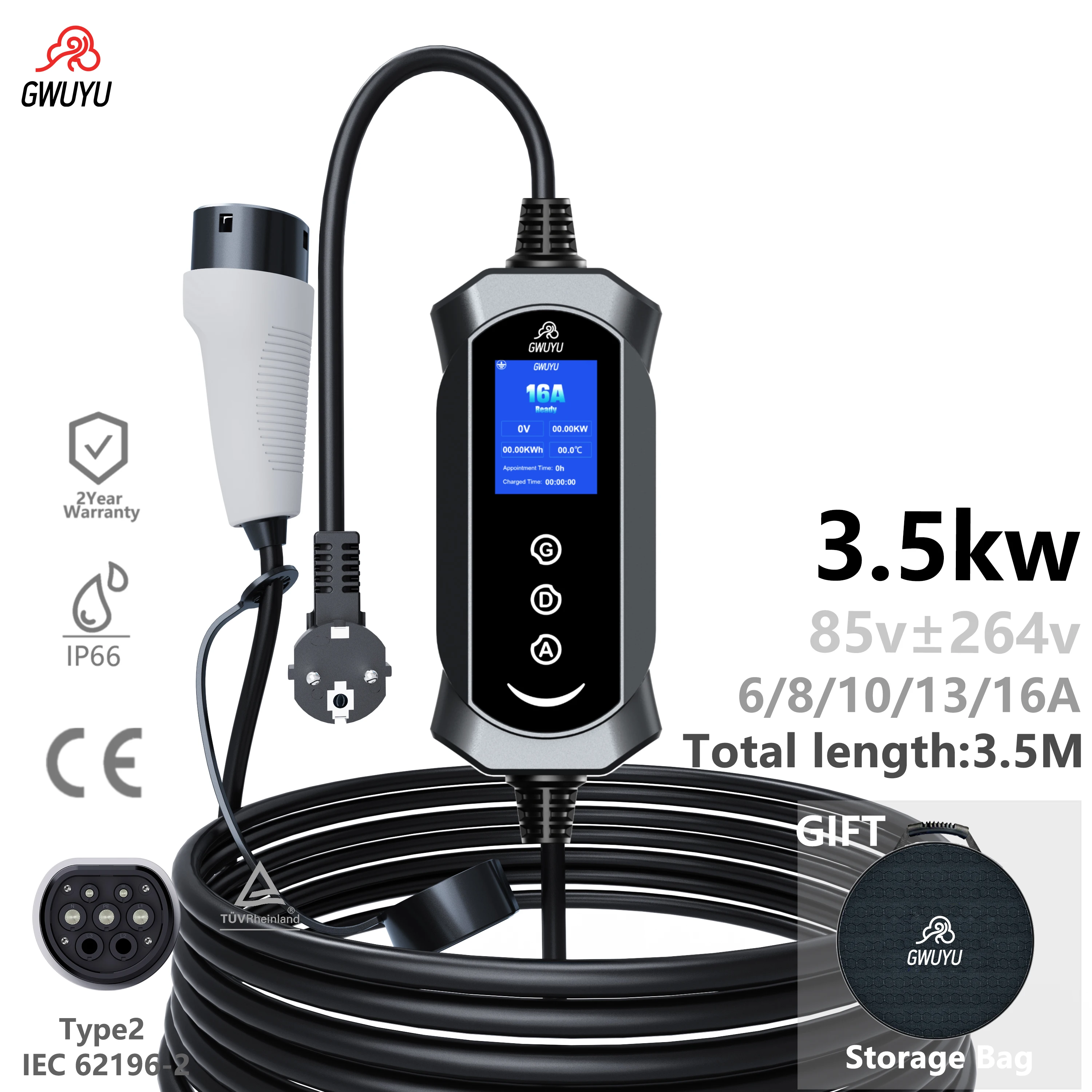 GWUYU Tragbares EV-Ladegerät 3,5 kW Typ2 EVSE IP66 Wasserdicht Einstellbarer Strom Zeitgesteuertes Laden Tragbares AC-Ladegerät für Zuhause