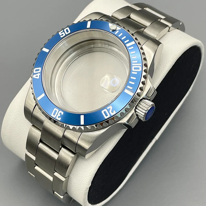 40mm NH35 Sliver Watch Case with Strap SUB Waterproof Case Sapphire Crystal Glass Transparent Back Fits 7S26 NH35 NH36 Movement