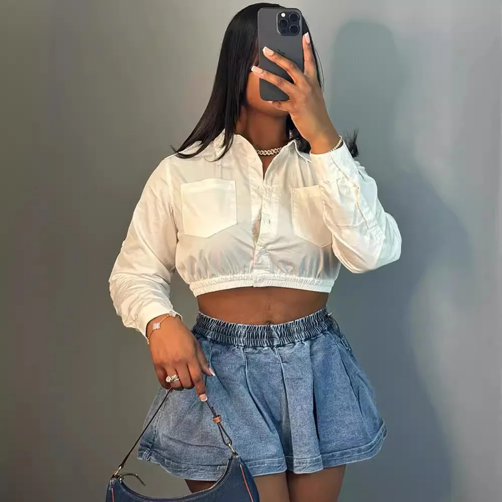 New Fashion Denim Pretty Short Jeans Mini Skirt for Ladies Wholesale Women\'s Clothing Flounce Pleated Jeans Denim Skirt