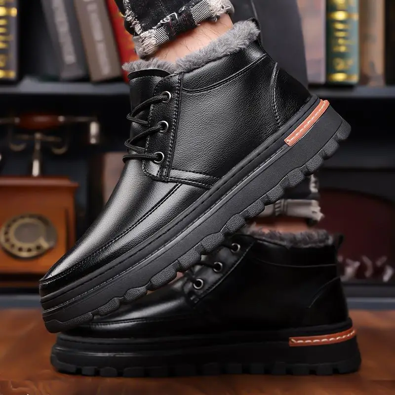 Cotton Shoes For Men 2025 Winter Soft Leather Plus Velvet Thickened Warm Snow Boots Fashionable Casual High-top Leather Shoes