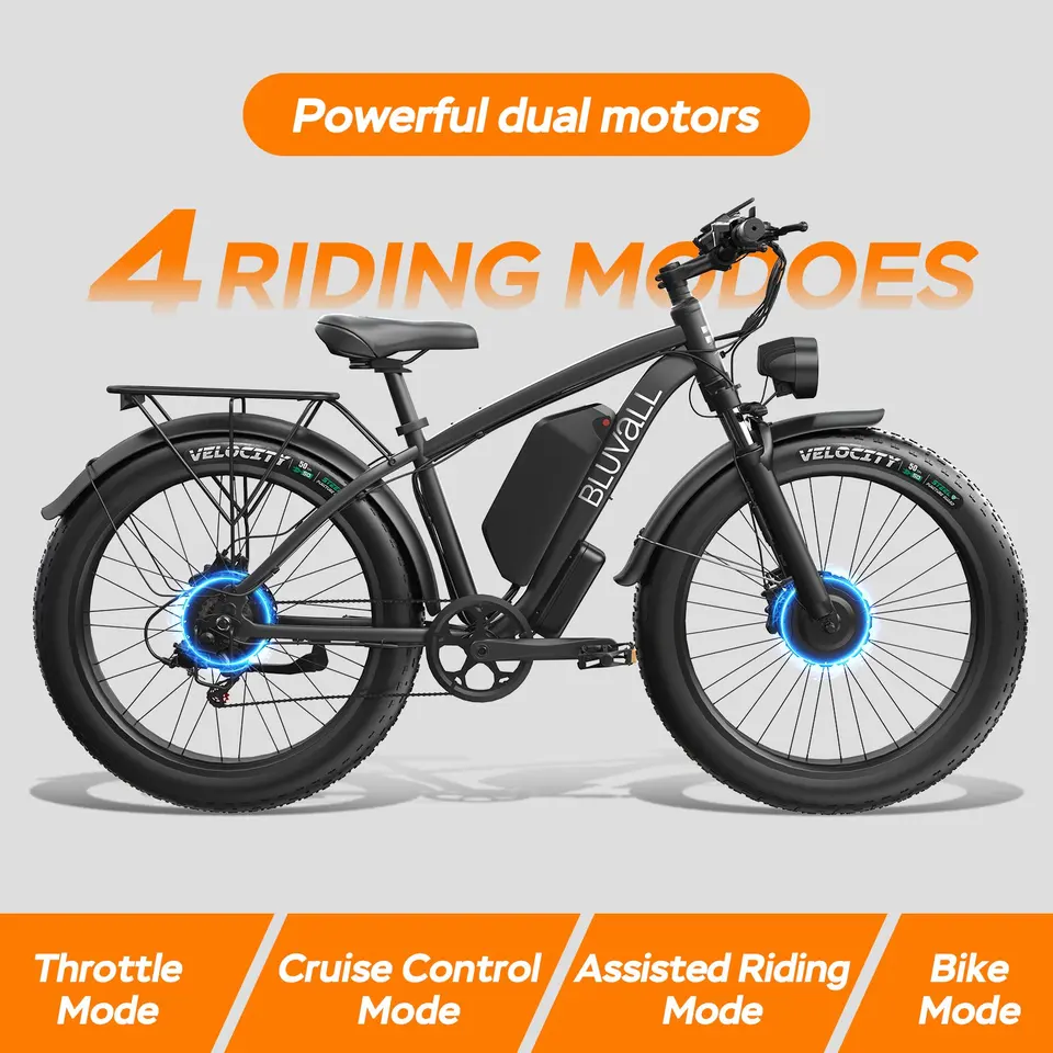 US Stock B1 Electric Bike Adults 5000W Peak 1500W*2 AWD Motor 48V 25Ah Battery 180N.m Torque 37MPH Fat Tire Ebike 26x4.0 All-Terrain Bicycle image 6