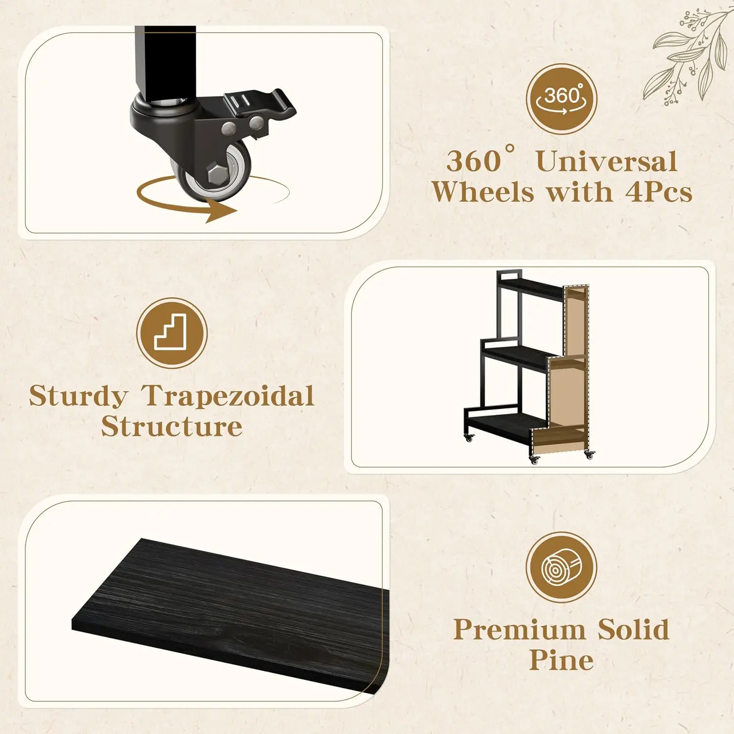 Rolling Ladder Style 3-Tier Plant Stand with Wheels Solid Wood Iron Frame Display Shelf Space Saving Multiple Flower Pot Rack for Home Balcony Patio, Black view 5